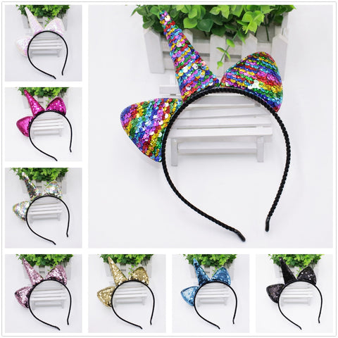 Cute Can Flip Sequins Glitter Unicorn Hairband Rainbow Unicorn Cat Ears Kid Party Cartoon Headband Hair Accessories For Women